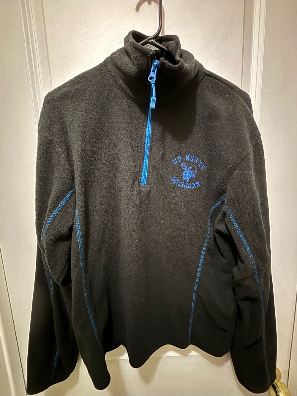 Black Quarter-Zip Fleece Pullover with Blue Accents